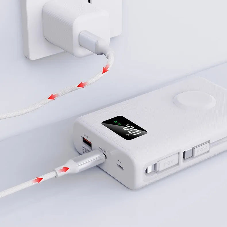 Black and white wireless charging power bank with phone bracket showing 20000mAh capacity and display screen