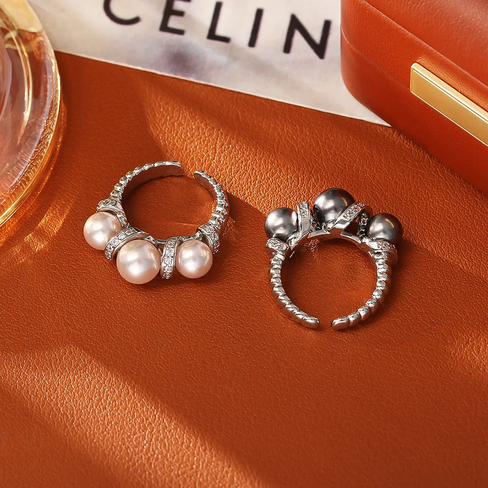 New open-end pearl ring copper real gold plated geometric round design unisex grey white