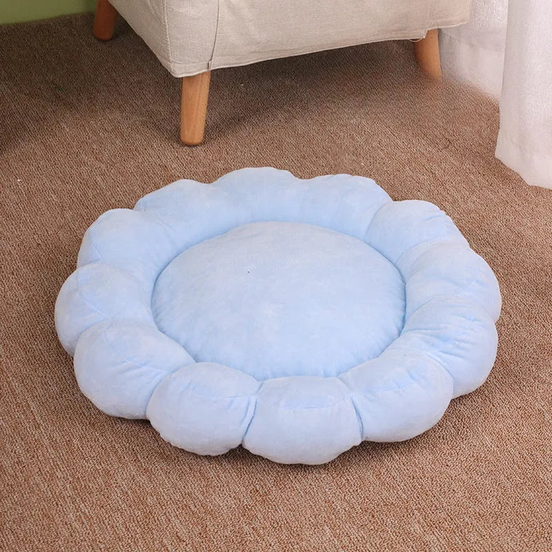 Square blue half-surrounded plush pet bed for small dogs and cats on a wooden floor.