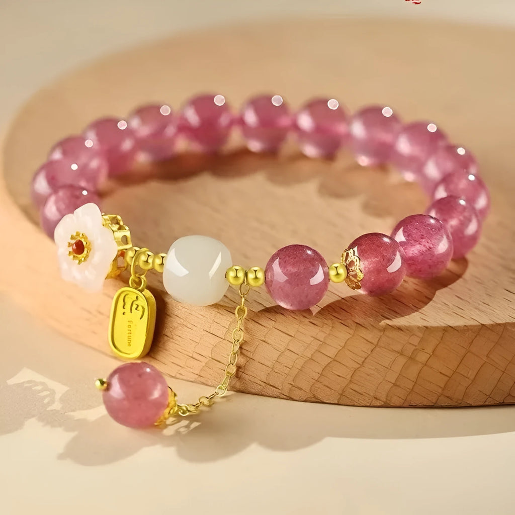 Handcrafted crystal bracelet with Hetian jade, peach blossom stone and strawberry quartz beads in natural design