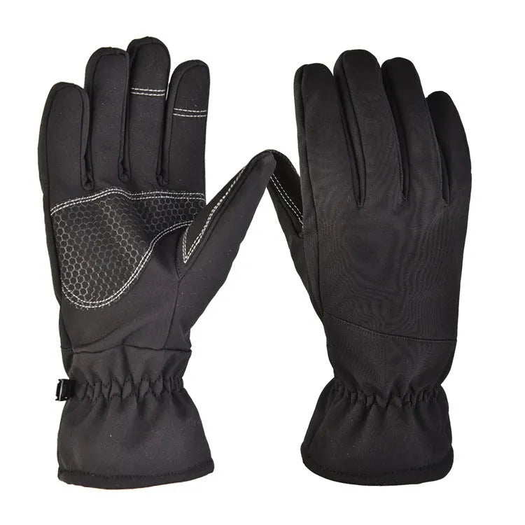 A pair of tactical camouflage winter ski gloves with touch screen fingertips on a neutral background.