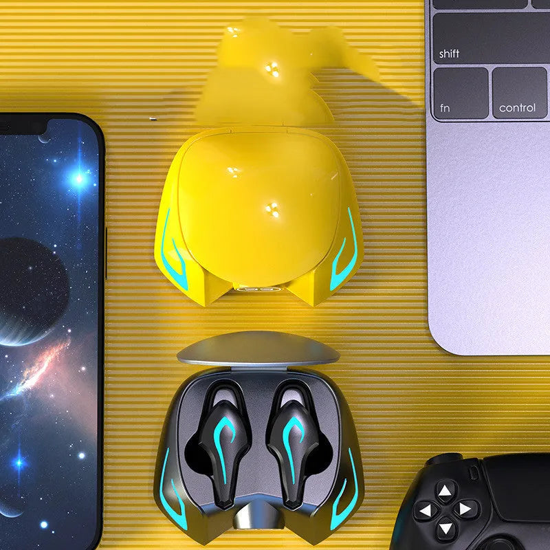 Black grey, yellow, and cool black coloured Bluetooth gaming earplug headset with bilateral design.