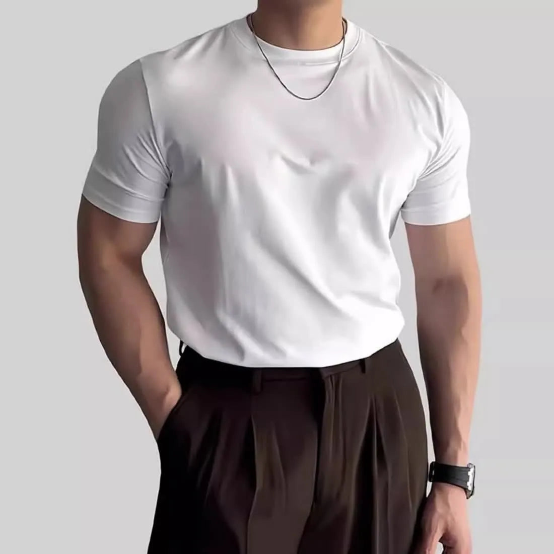 Men's solid colour slim fit polyester short sleeve sports t-shirt in black, front view