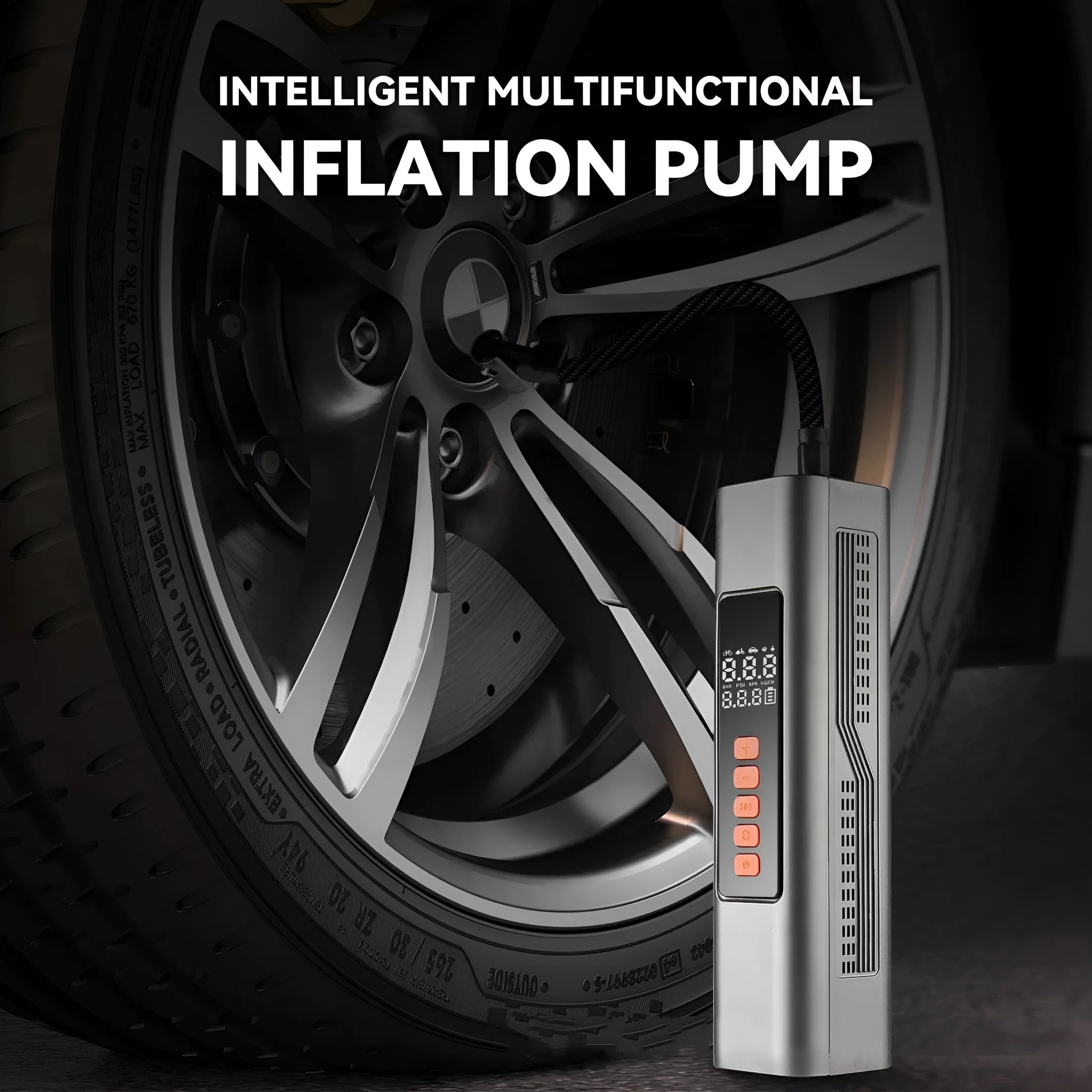 Wireless digital tyre inflator with LCD display showing pressure readings and Type-C charging port