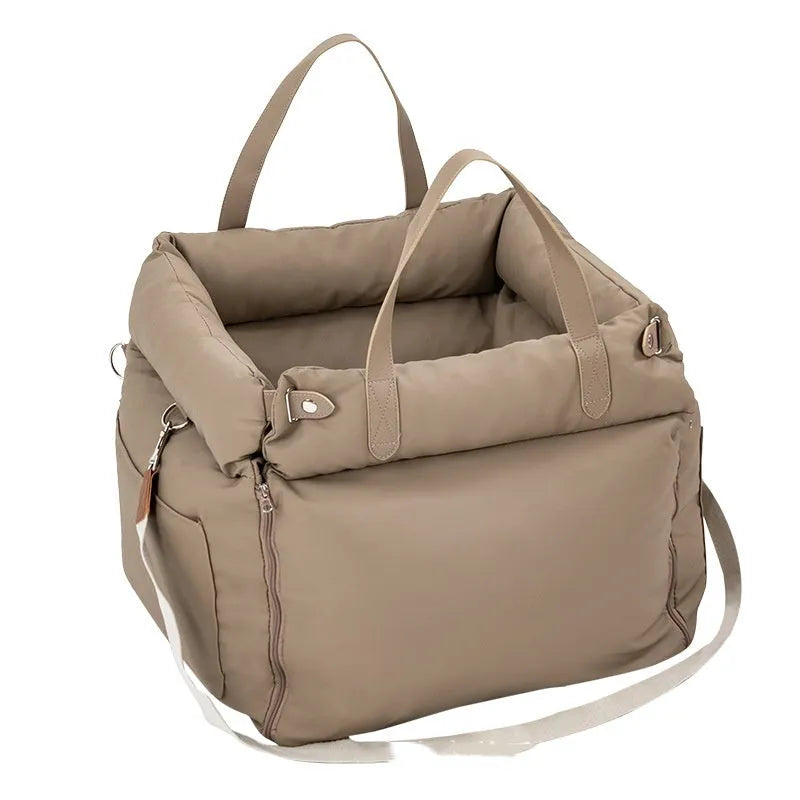 Brown removable cloth cat car kennel cage measuring 55cm by 50cm by 45cm.