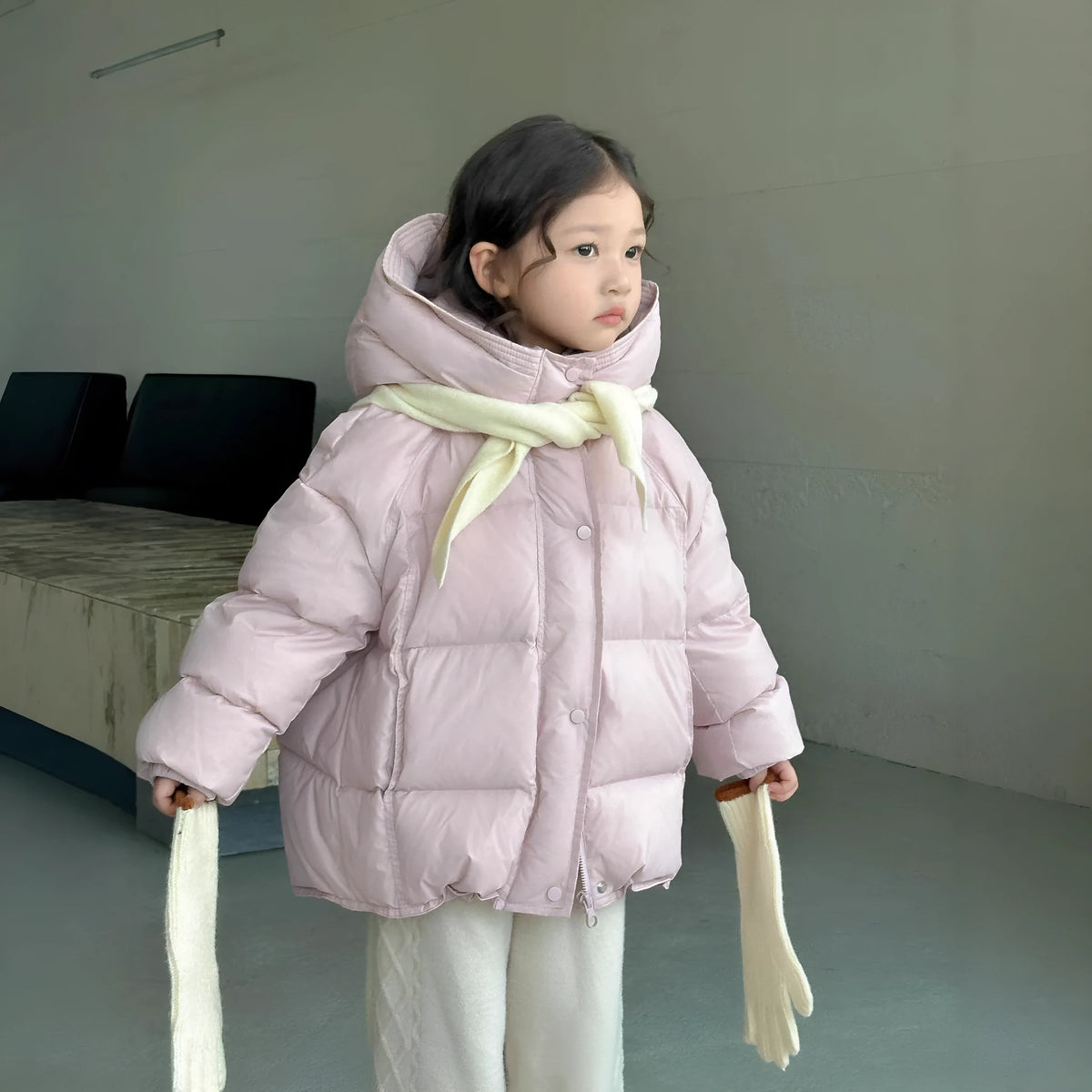 Girl's thickened down jacket with 90% white duck down in yellow, pink, black, gray, or red, sizes 110cm to 160cm