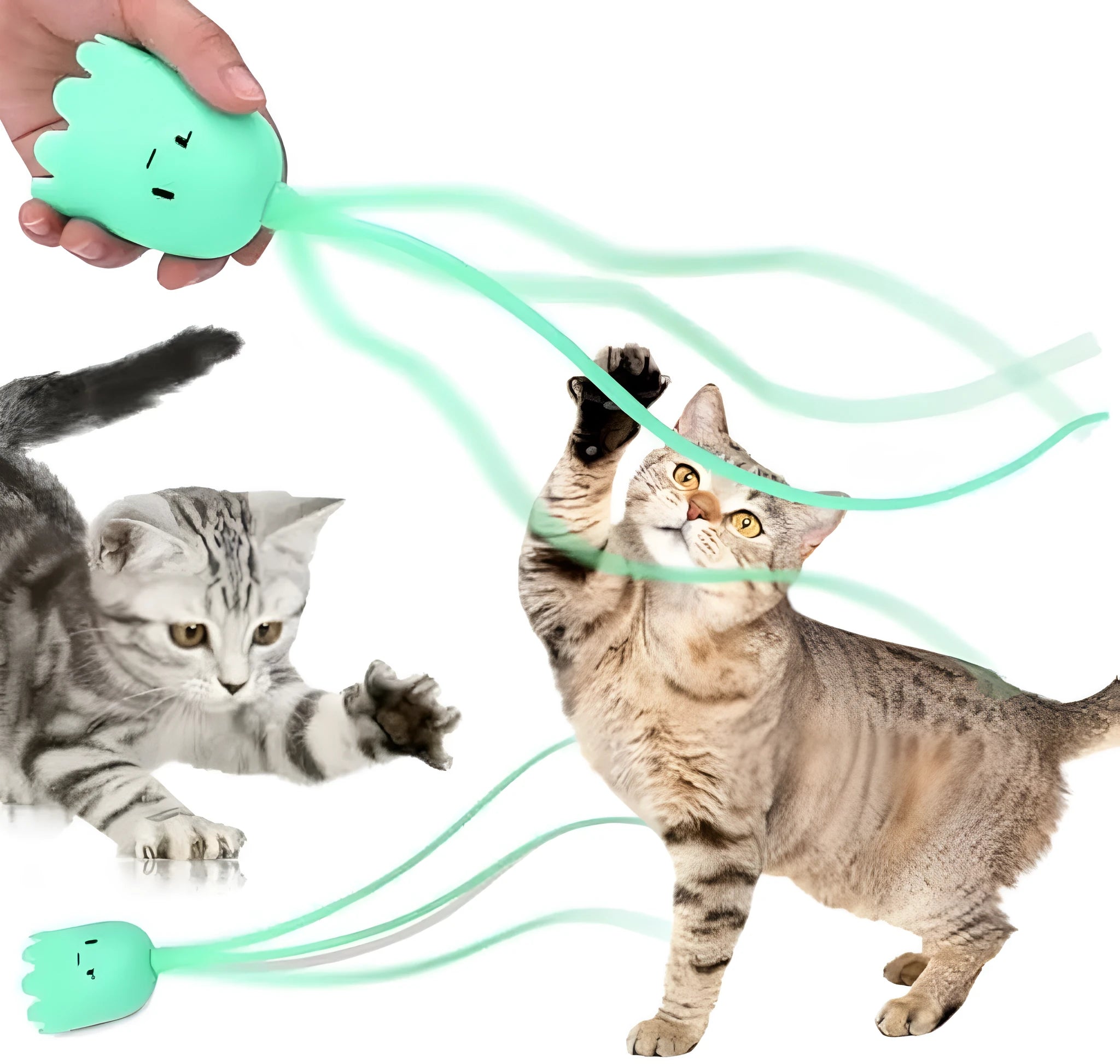 Green electronic cat wand toy with swinging silicone tails for indoor cats