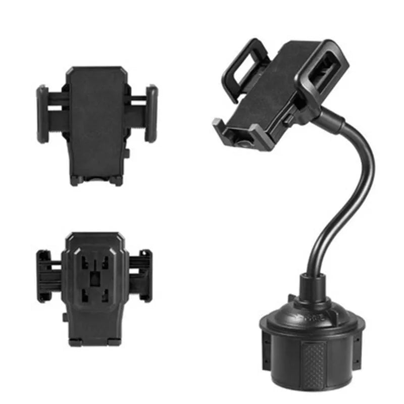 Black universal adjustable car phone mount bracket shown with suction cup and vent clip attachment options.