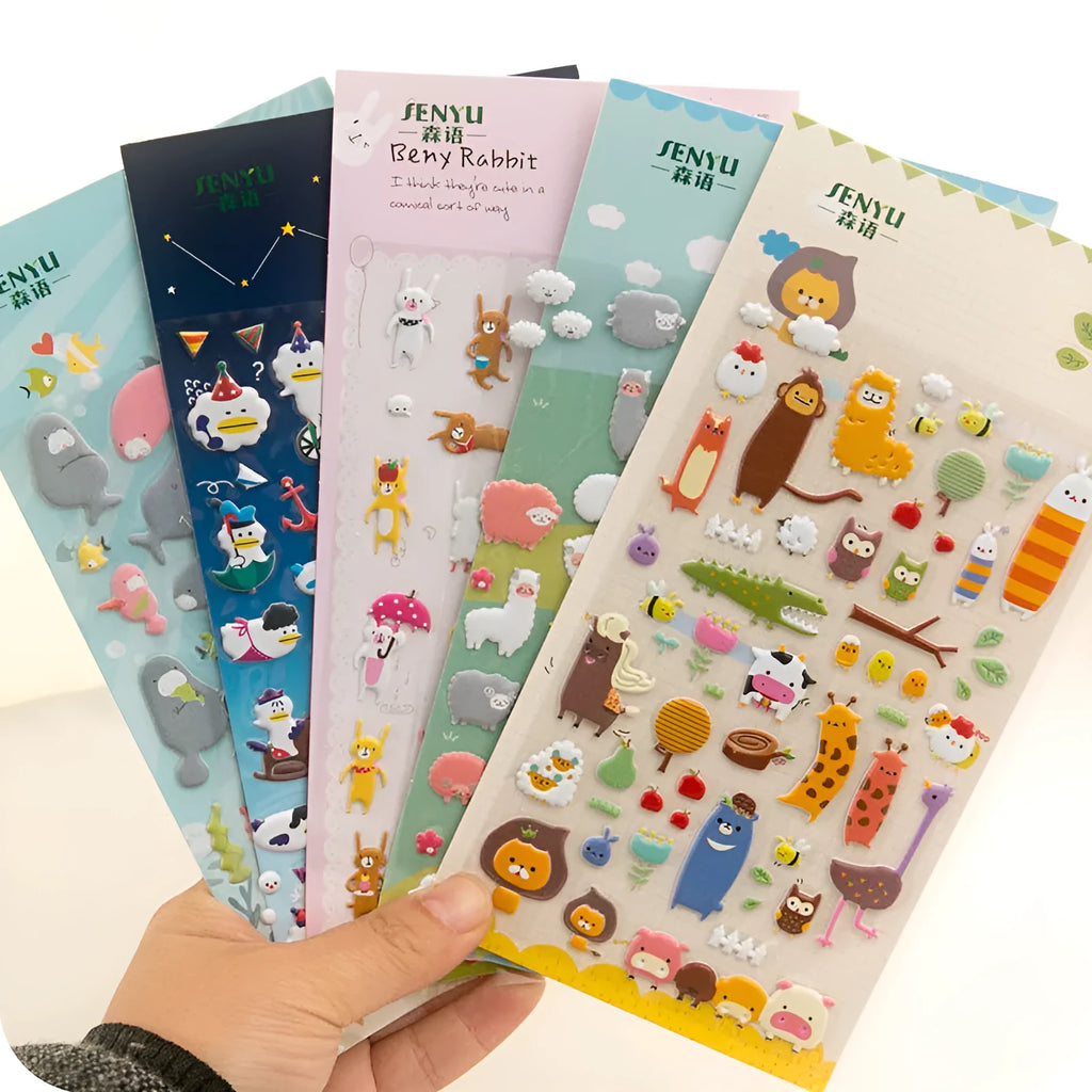 Cartoon three-dimensional bubble stickers sheet showing alpaca, forest animals, and dinosaur designs for hand account decoration