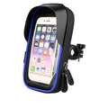 Black waterproof TPU phone mount attached to a bicycle handlebar, showing the touchscreen panel and zipper.