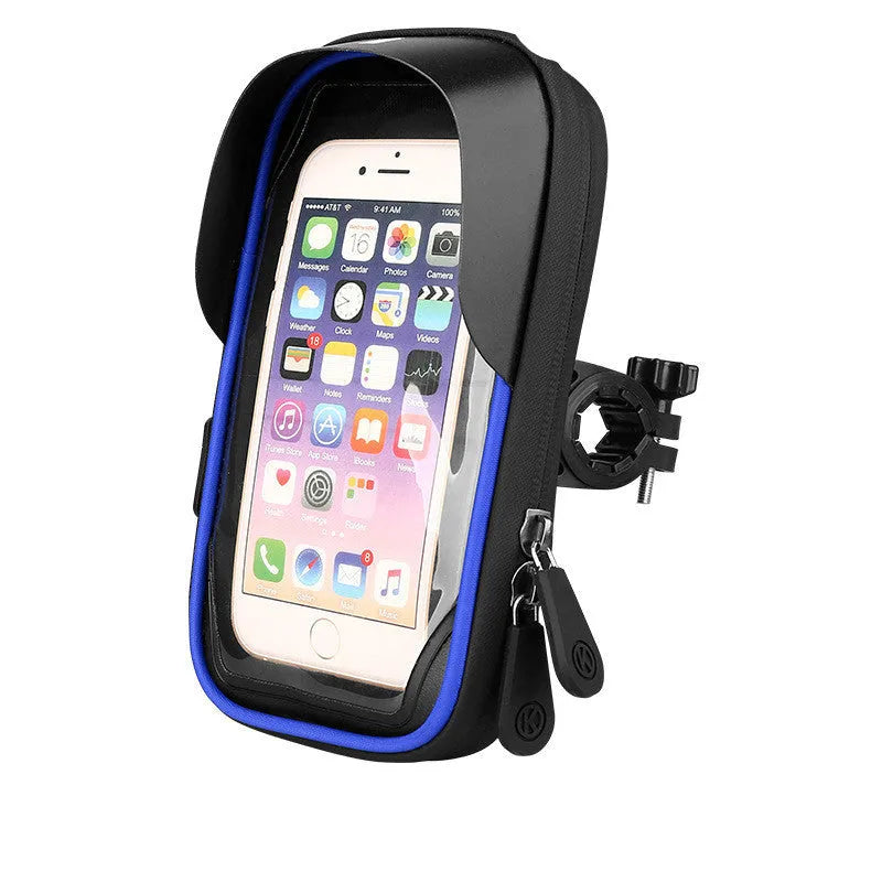 Black waterproof TPU phone mount attached to a bicycle handlebar, showing the touchscreen panel and zipper.