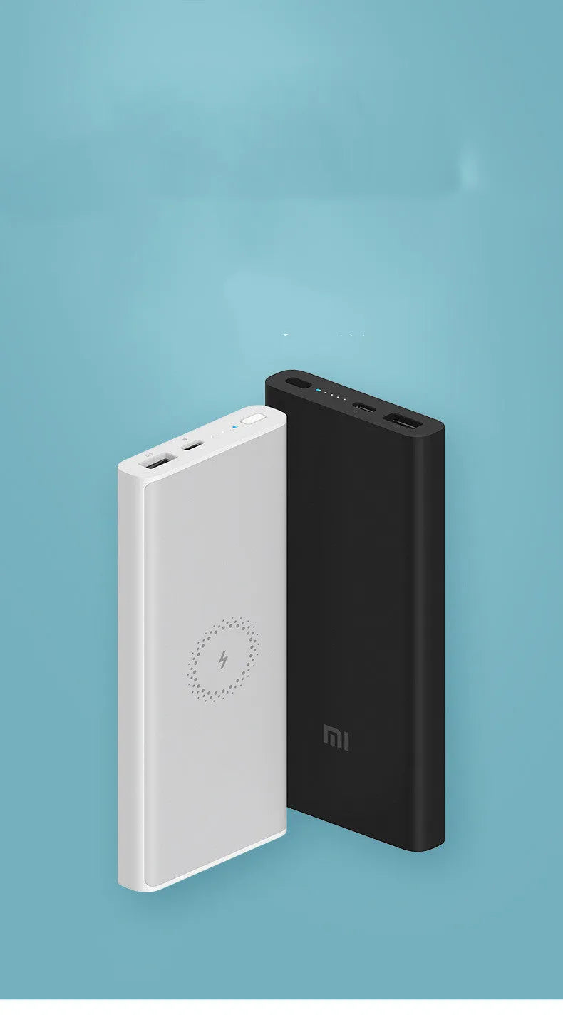 White and black 10000mAh power bank with USB-C port and wireless charging surface