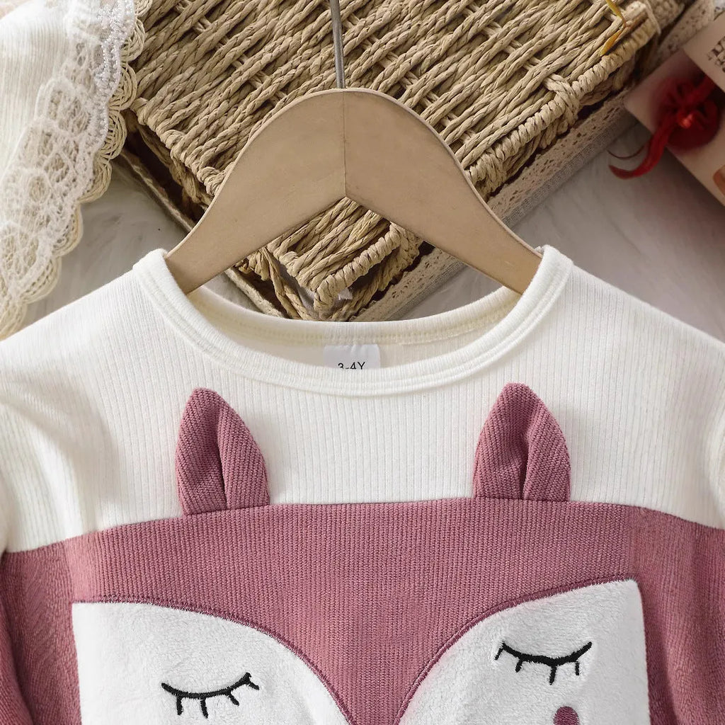 Long sleeve slim fit shy fox cartoon dress in pink and white corduroy for girls