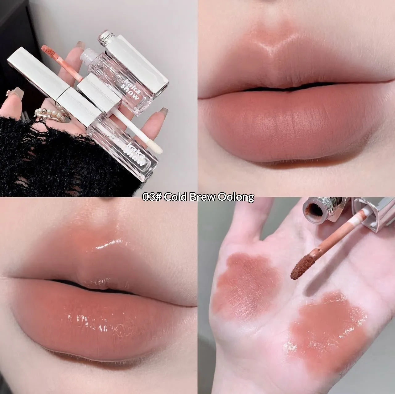 Double-ended matte velvet lip gloss set with five shades: Raspberry Sweet Peach, Candied Tomato, Cold Brew Oolong, Maple Honey Soft Candy, Peach Monroe