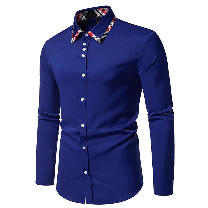Men's blue plaid long sleeve shirt with a triangle collar and button front.