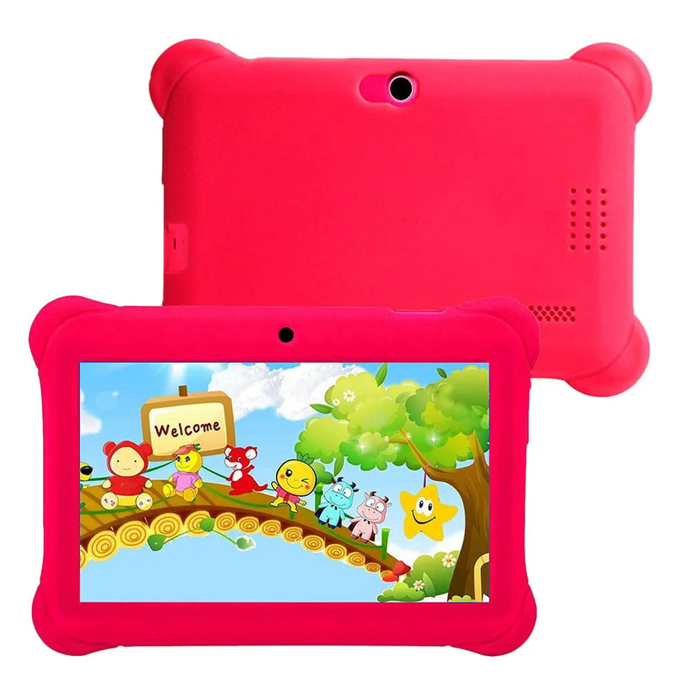 Children's tablet with 7-inch capacitive touch screen in black, showing front display and ABS plastic shell