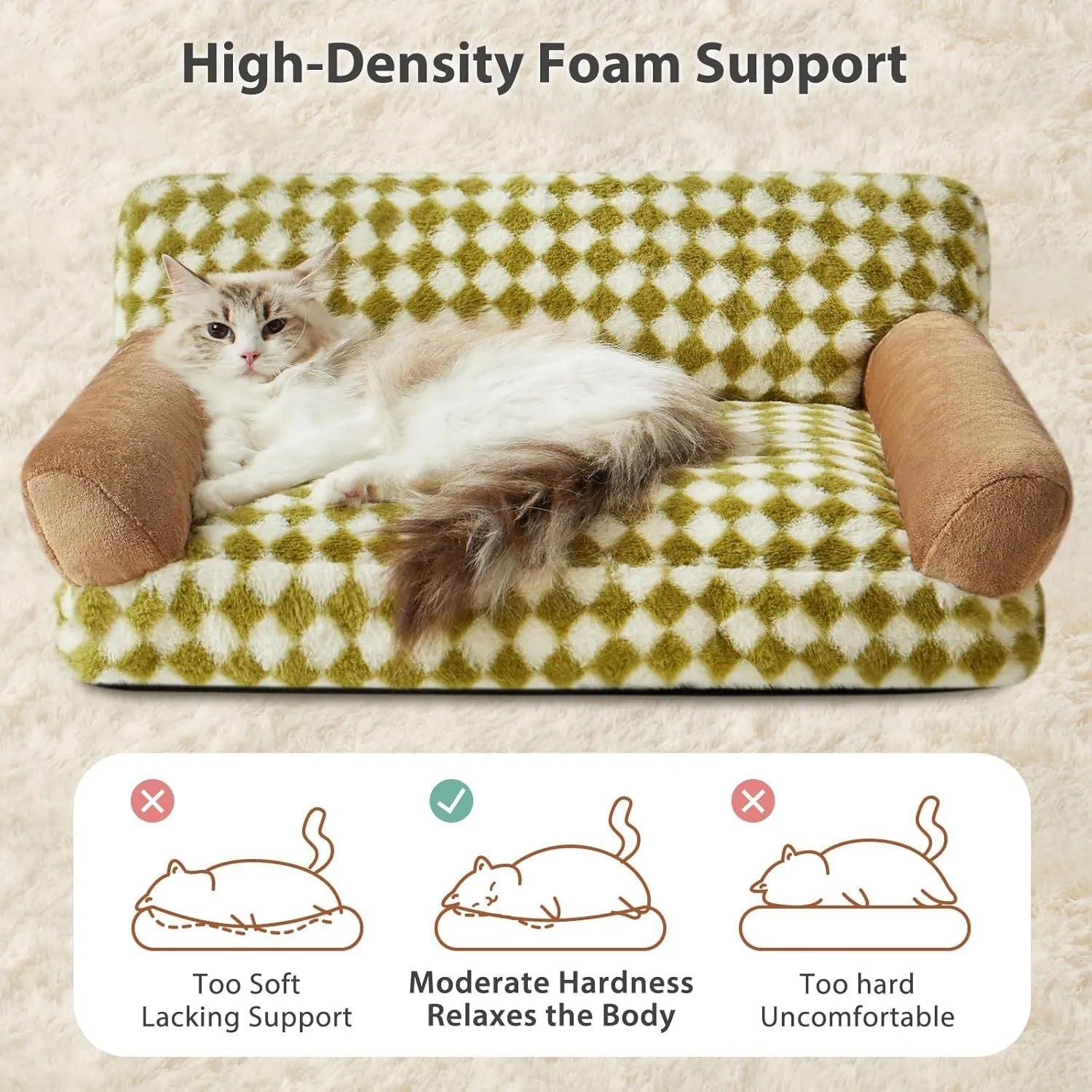 Grey checkered washable pet couch bed for small cat or dog on a wooden floor.