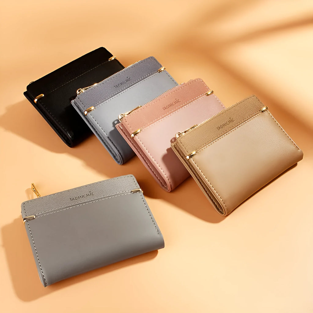 Ladies foldable wallet with zip closure showing multiple internal card slots and compartments