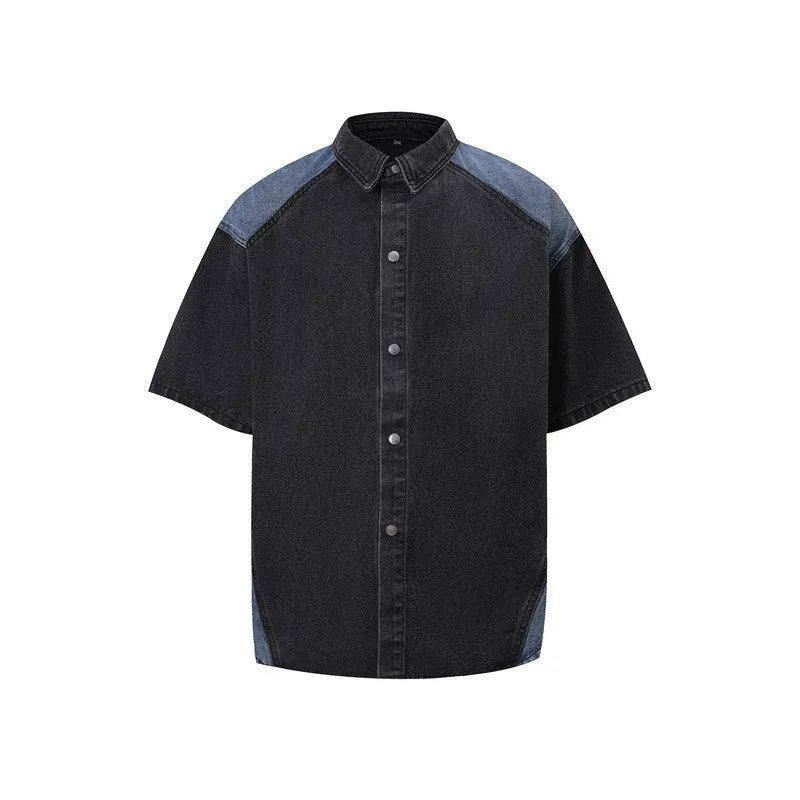 Retro washed denim suit set with short-sleeved shirt and matching trousers in black colour