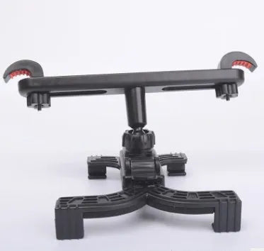 Black car tablet holder mounted on headrest with adjustable bracket for rear seat passengers