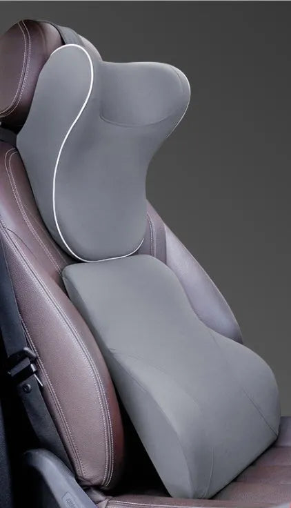 Car headrest set with memory foam cotton pillow and lumbar support in breathable fabric on car seat