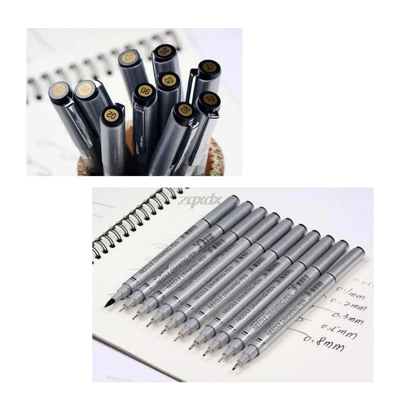 10-pen set of micron needle drawing pens with black pigment ink and assorted colours, showing tip sizes 005 to 20