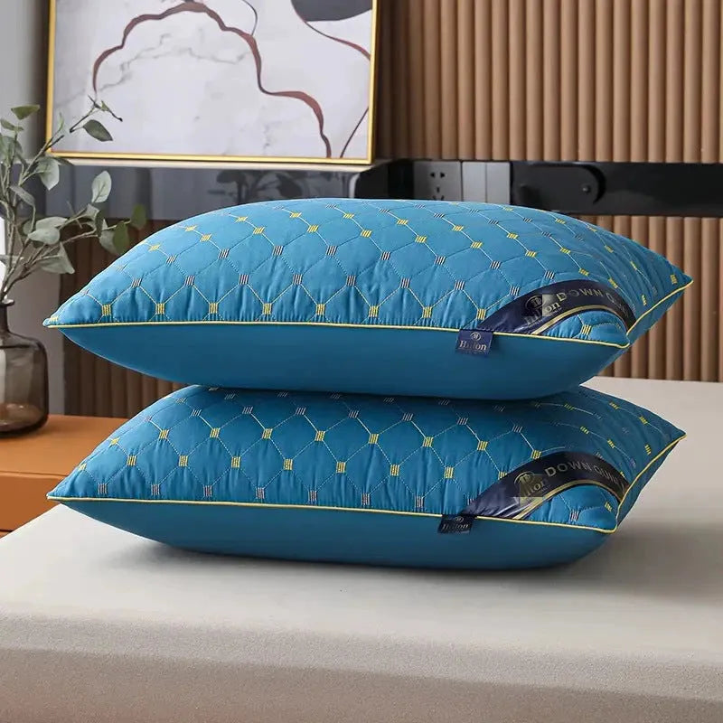 Polyester fibre fill bed pillow in light blue, showing standard 48x74cm size and loft.