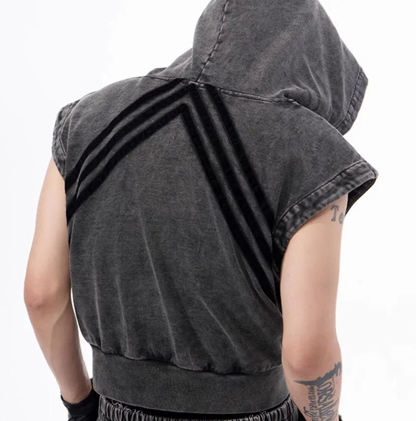 Korean style hooded sleeveless tank top and matching trousers set in washed fabric