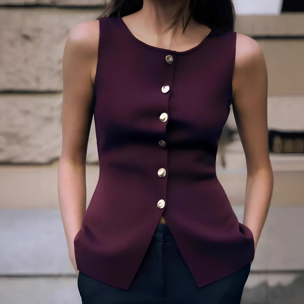 Dark red slim fit sweater vest with gold buttons and 3D pattern detail