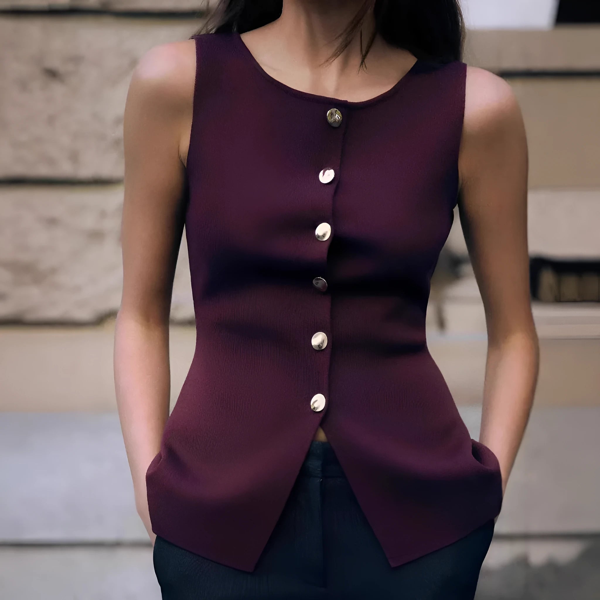 Dark red slim fit sweater vest with gold buttons and 3D pattern detail