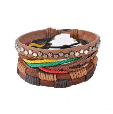 Handmade adjustable leather wrap bracelet with wooden beads on a wrist.