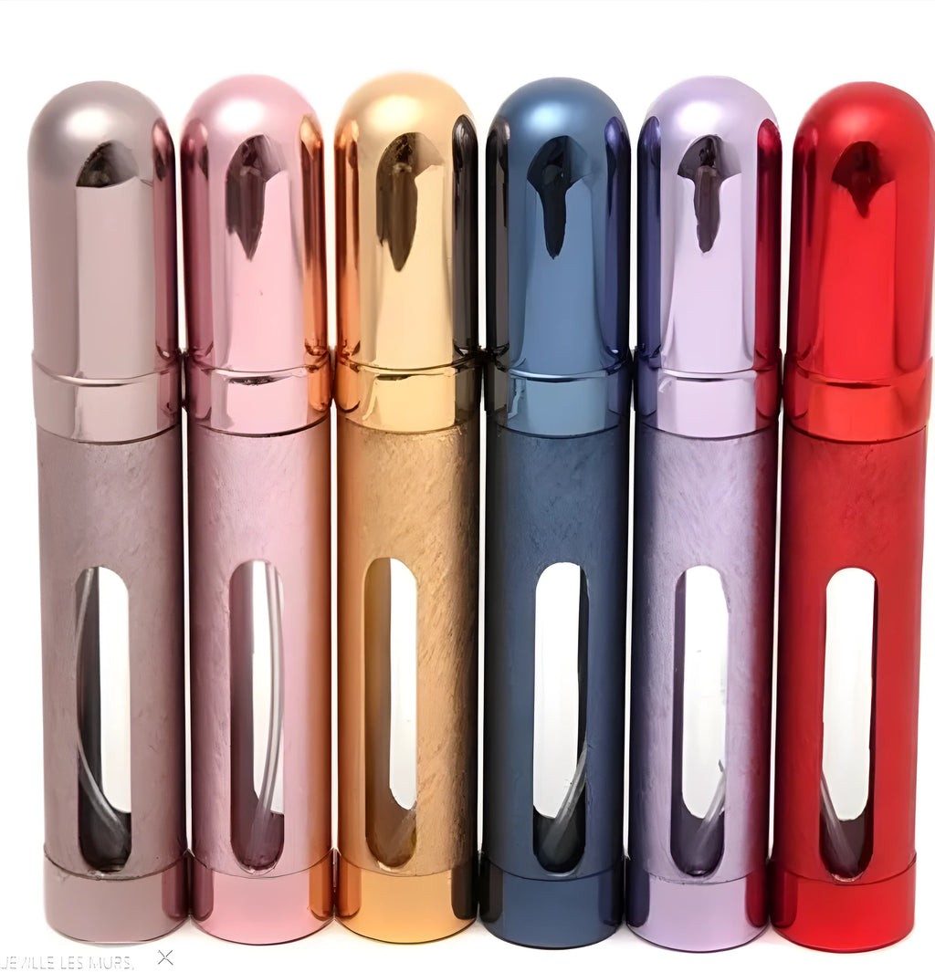 12ml aluminium portable perfume bottle in bullet shape with choice of six colours: blue, pink, red, violet, gold, silver.