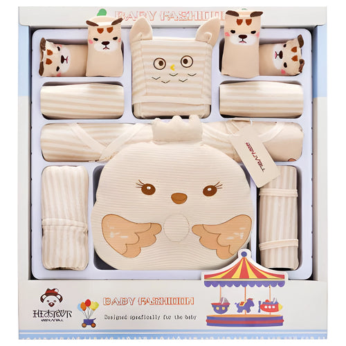 Beige cotton baby clothes gift set with cartoon animal print cardigan for newborns 0-1 year
