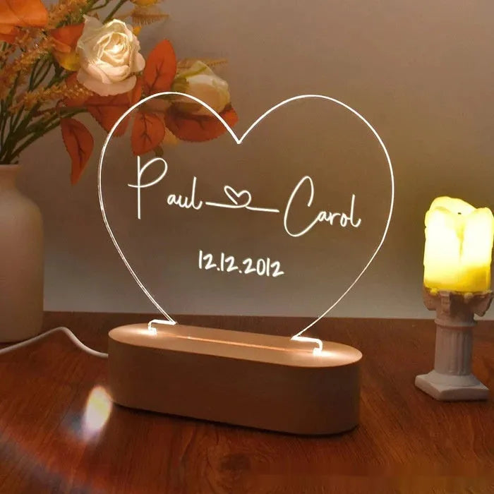 Personalised acrylic night light displaying custom text with USB cable, dimensions 20cm by 11.5cm