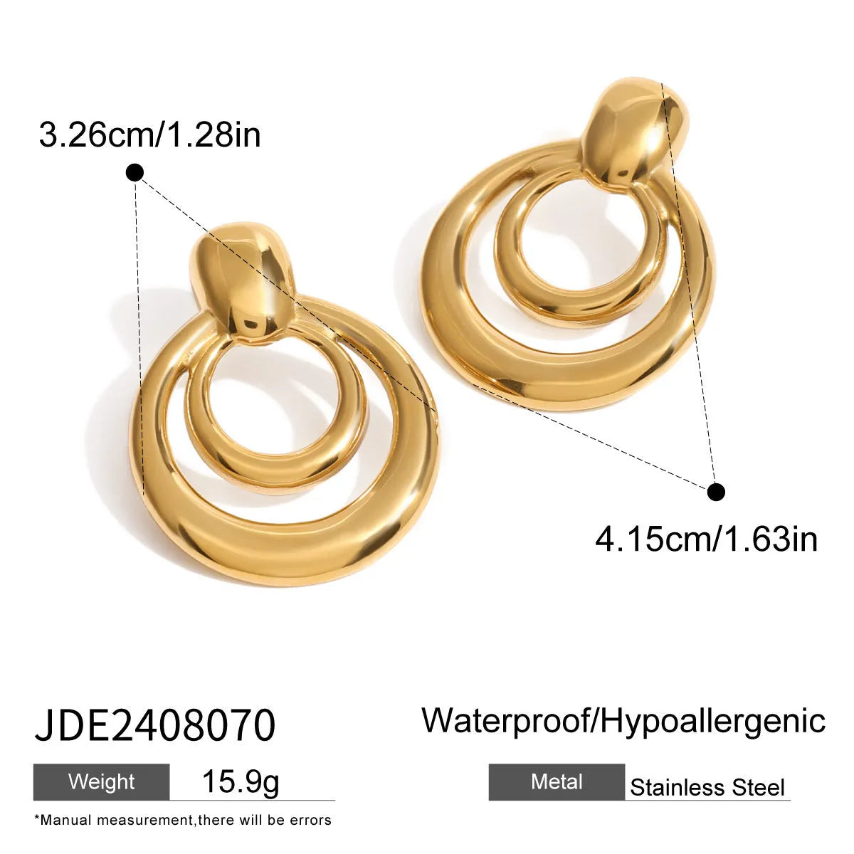 Round golden double layer hollow stud earrings for women with a geometric design.