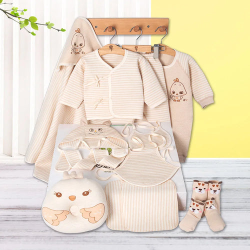 Beige cotton baby clothes gift set with cartoon animal print cardigan for newborns 0-1 year