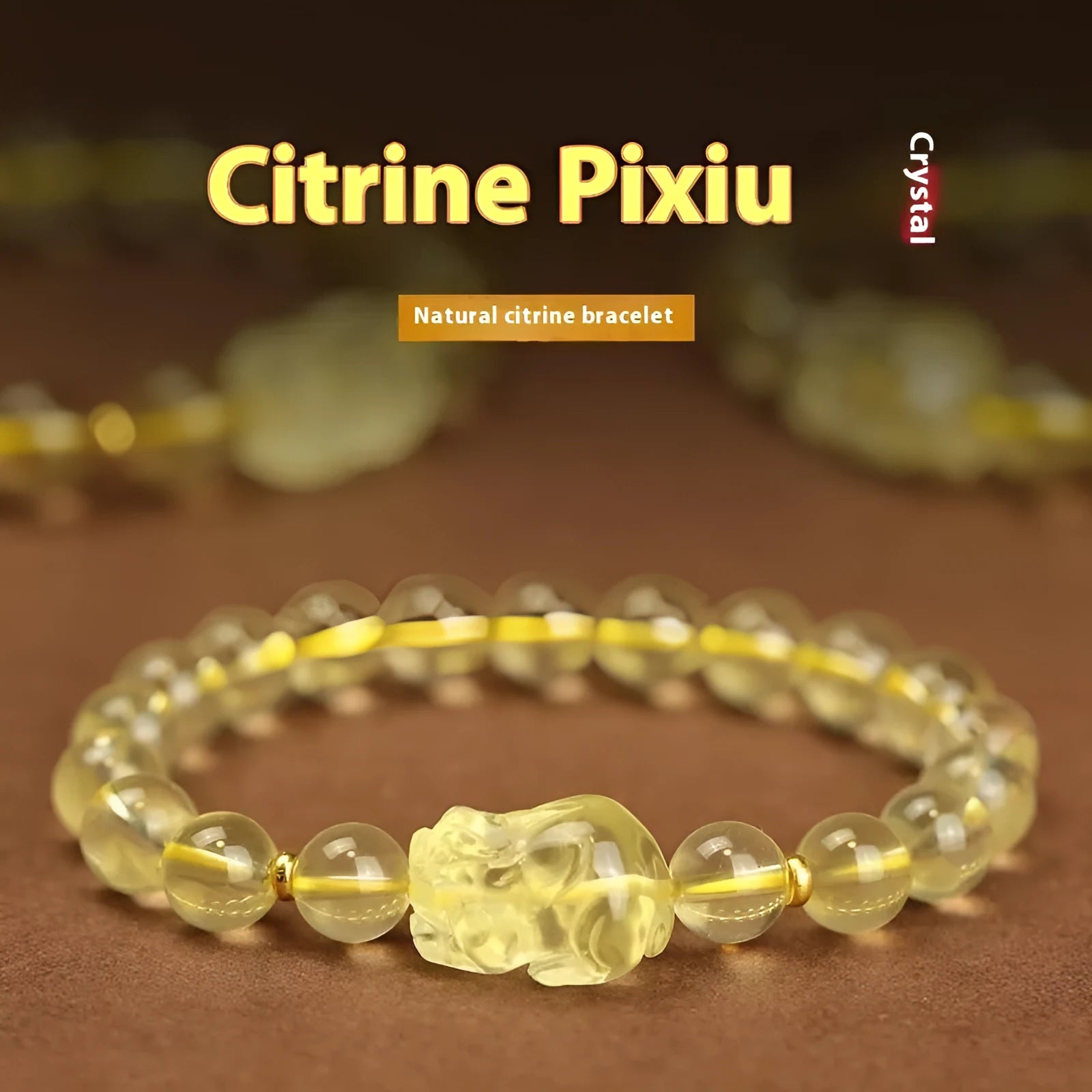 Yellow leather Chinese Pi Xiu bracelet with artificial crystal beads