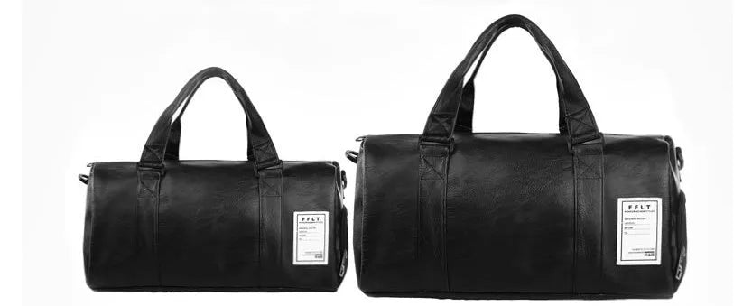 Black waterproof sports fitness bag with separate shoe compartments and diagonal carrying straps