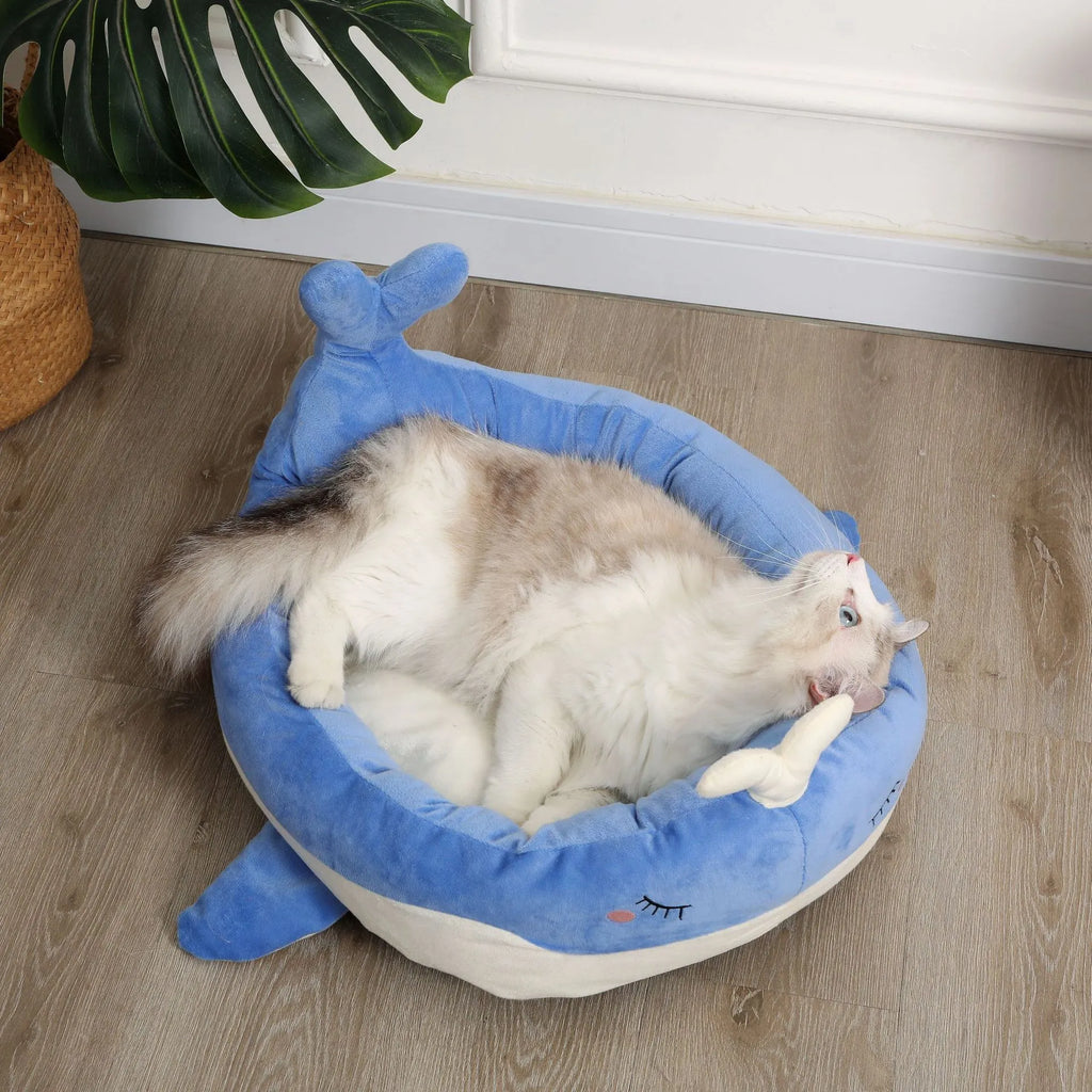Blue duck-shaped fluffy pet bed for small dogs and cats with unique pattern