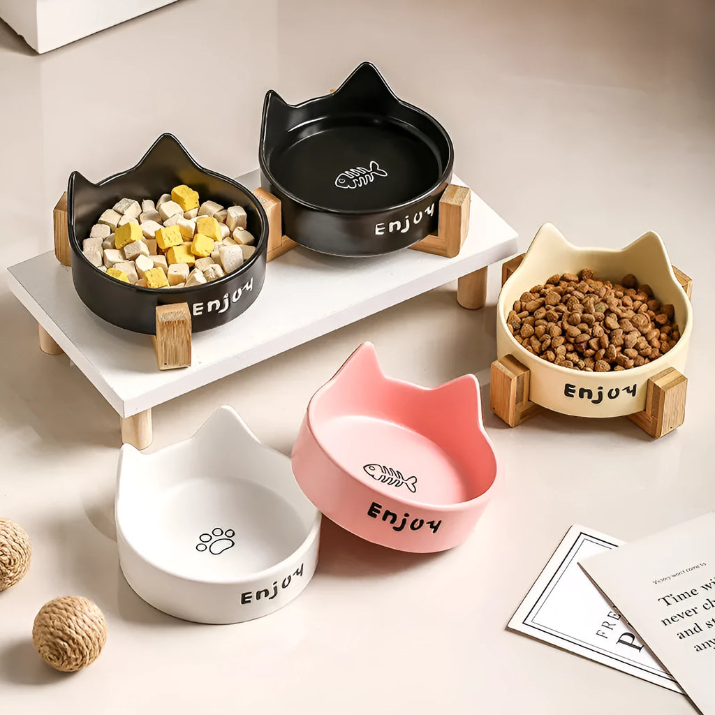Porcelain cat bowl with wooden anti-tumble frame in chosen colour with cat ear design