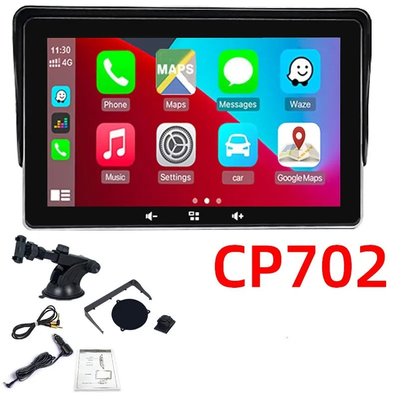 7 inch wireless CarPlay display for cars with a suction cup mount and 12V power cable.