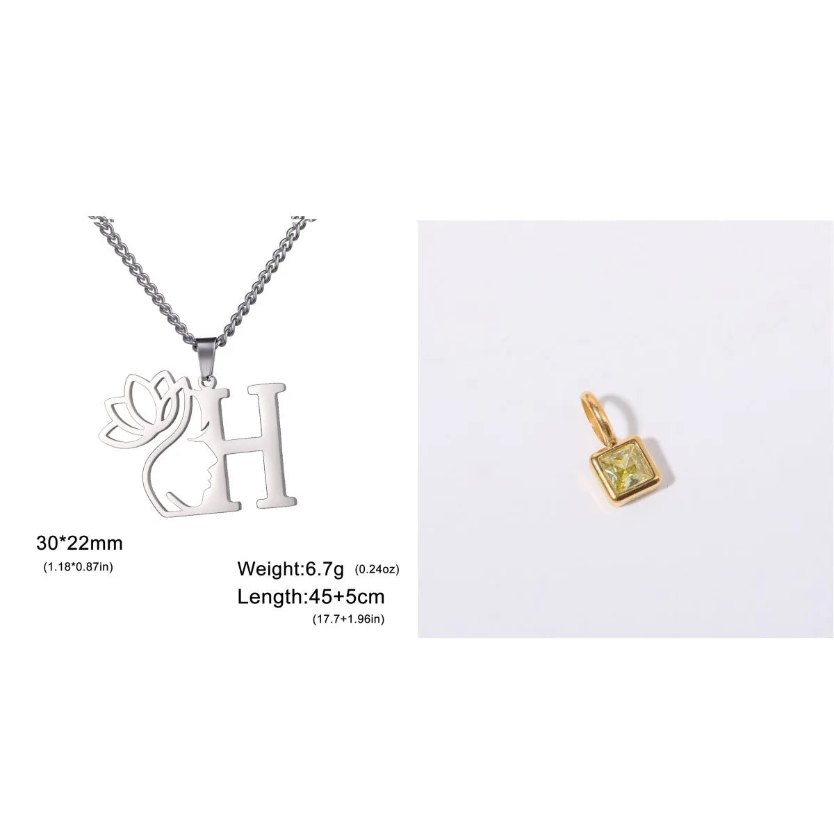 Stainless steel necklace with cross chain and a single initial pendant in a gold or silver finish.
