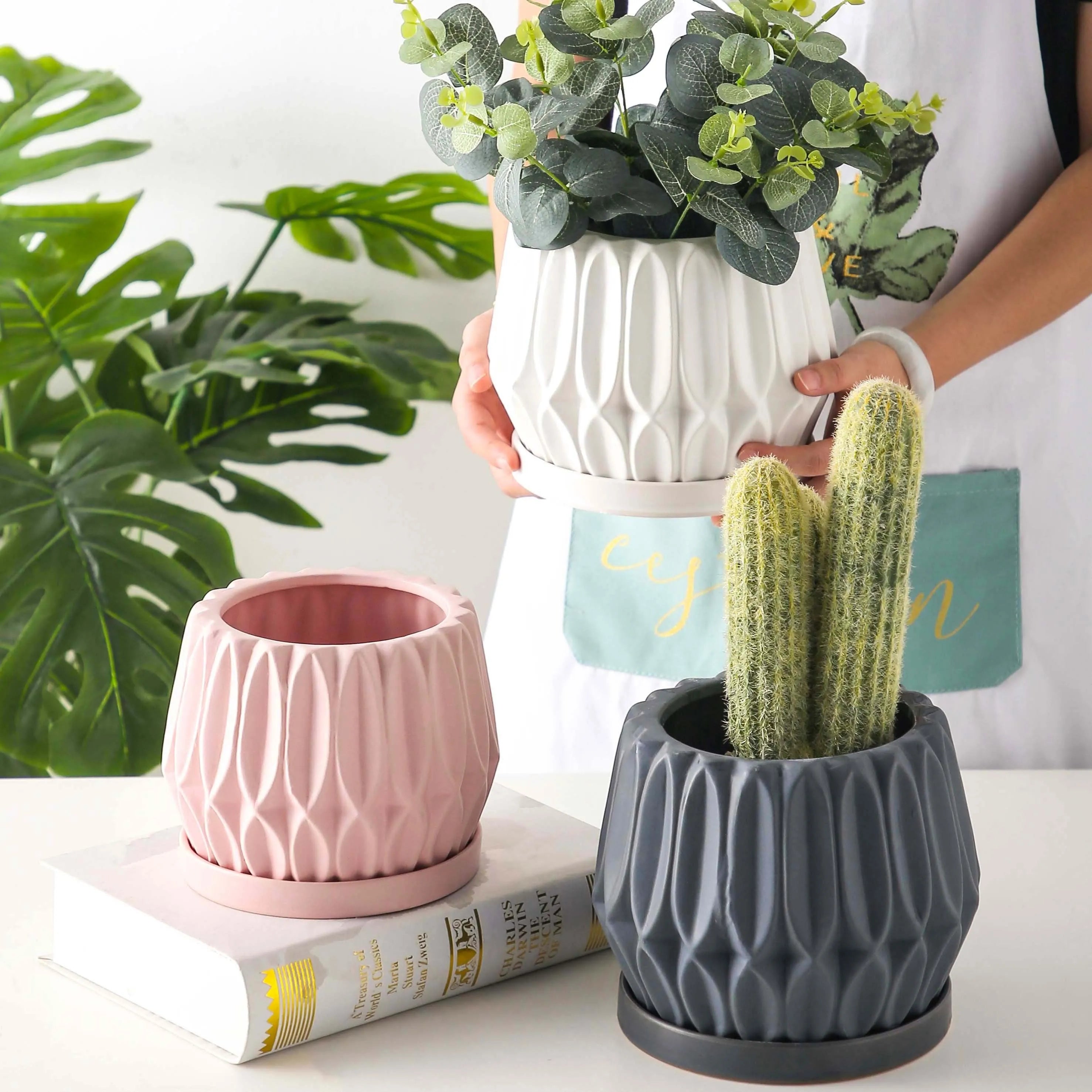A simple grey ceramic flowerpot on a tabletop, medium sized for plants.