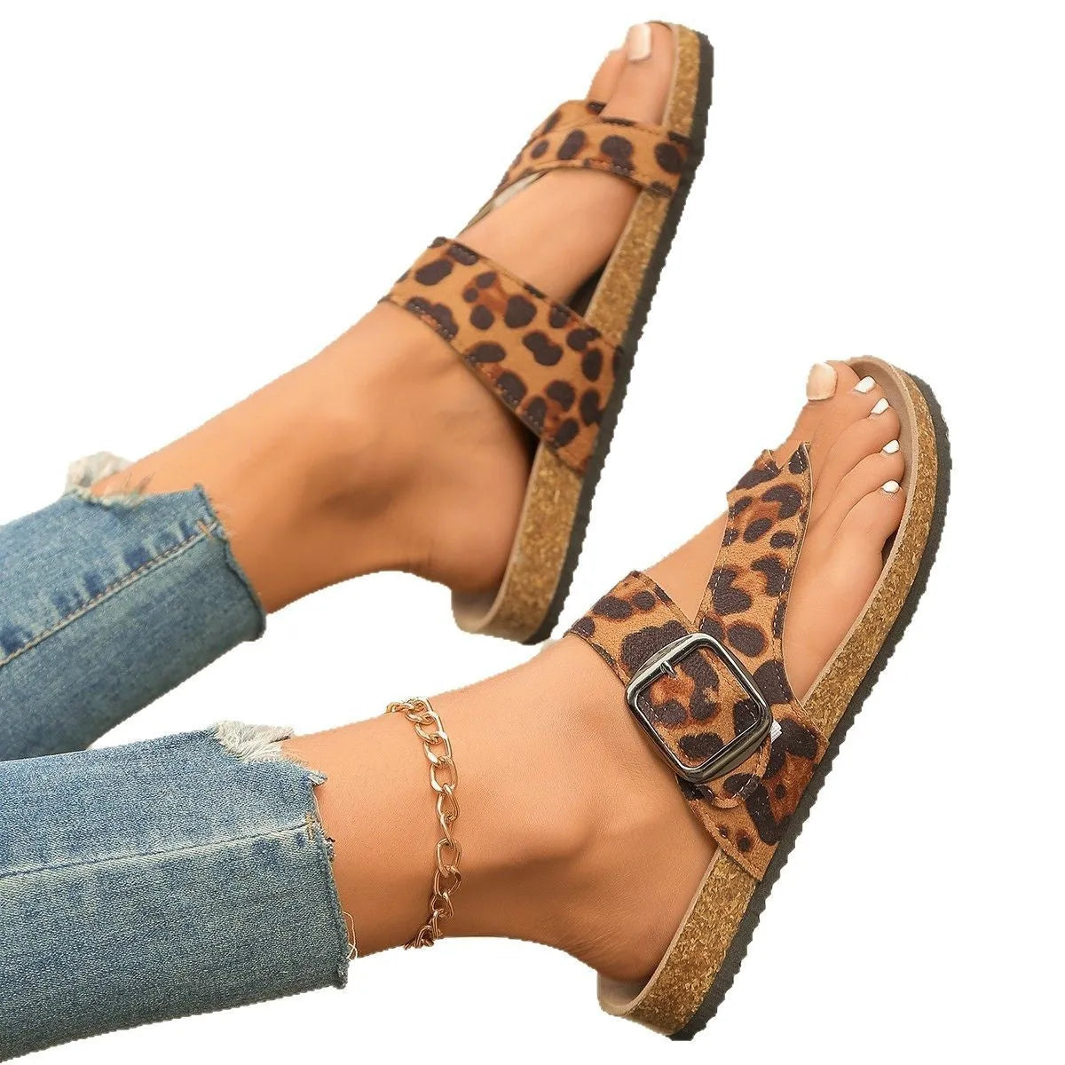 Roman style leopard print slippers with round toe covering and wooden sole