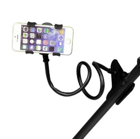 Black portable phone holder with 70cm flexible arm and universal V-clip for bed and desk mounting