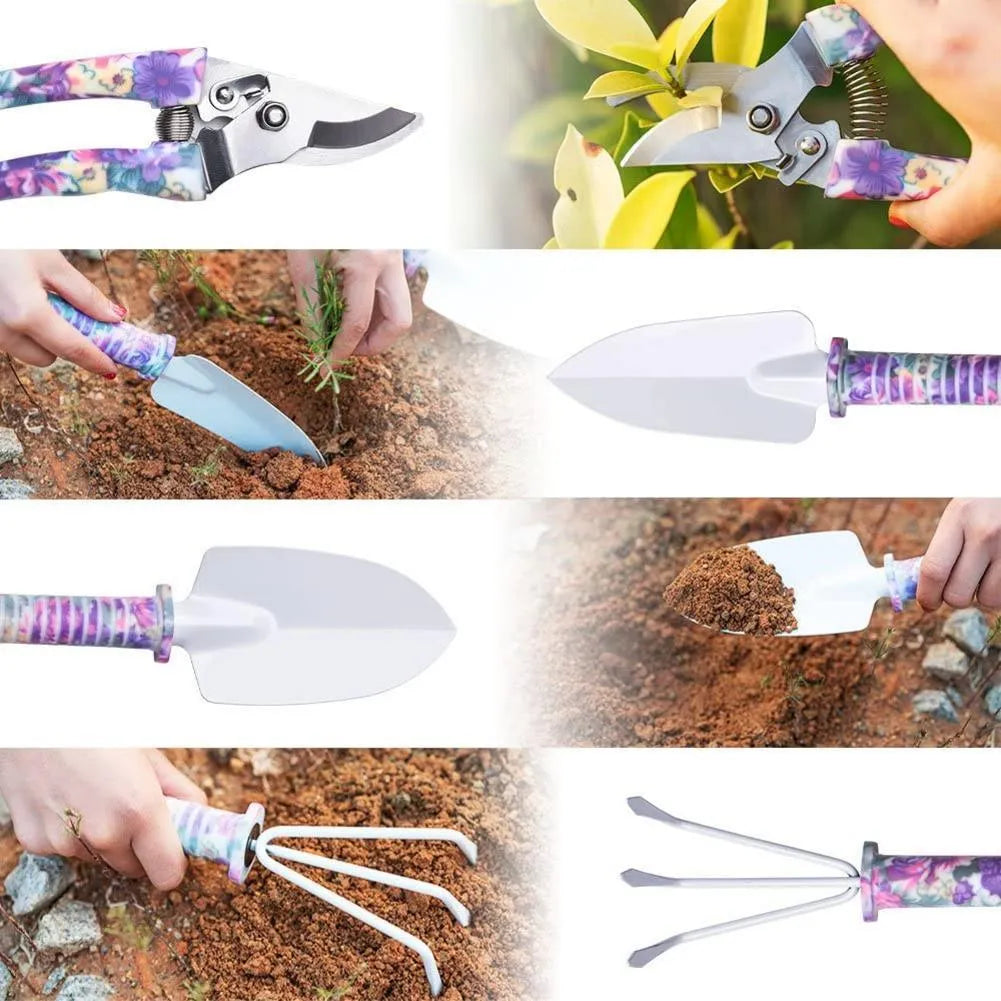 10-piece purple gardening tool set with rust-proof iron paint finish and plastic handles in storage box