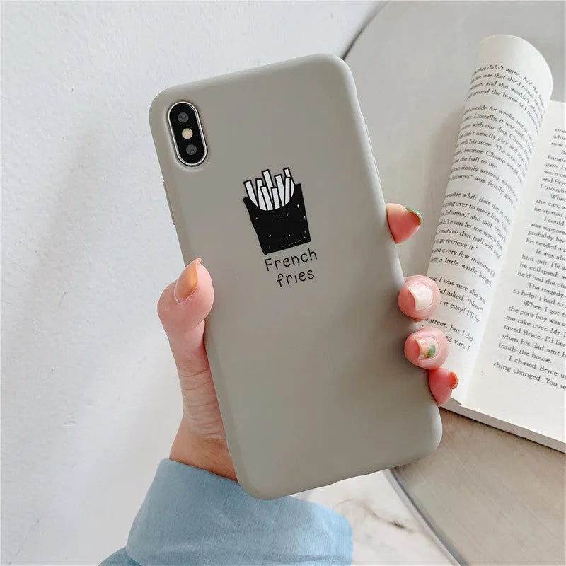 Soft matte silicone iPhone case with ice coffee or french fries couple design