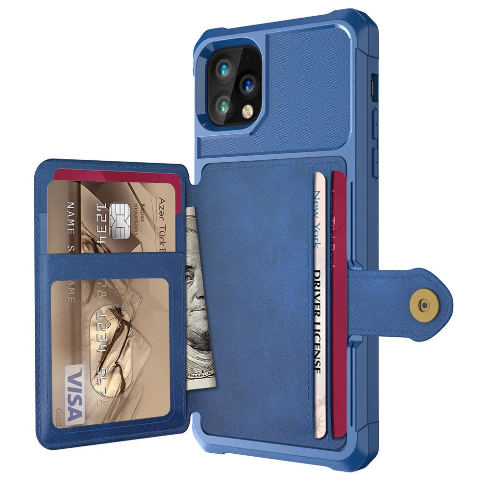 Imitation leather iPhone case with card wallet compartment in black blue green pink red colours