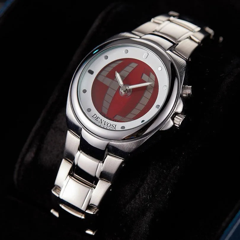 Y2K vintage style digital watch with dual display showing red dial and alloy strap with stainless steel buckle