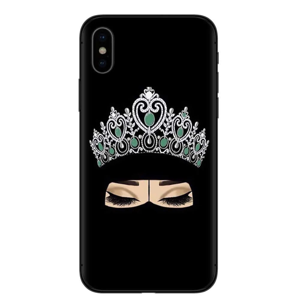 Islamic hijab veil design iPhone case with rhinestone and floral patterns on a flexible TPU back cover.